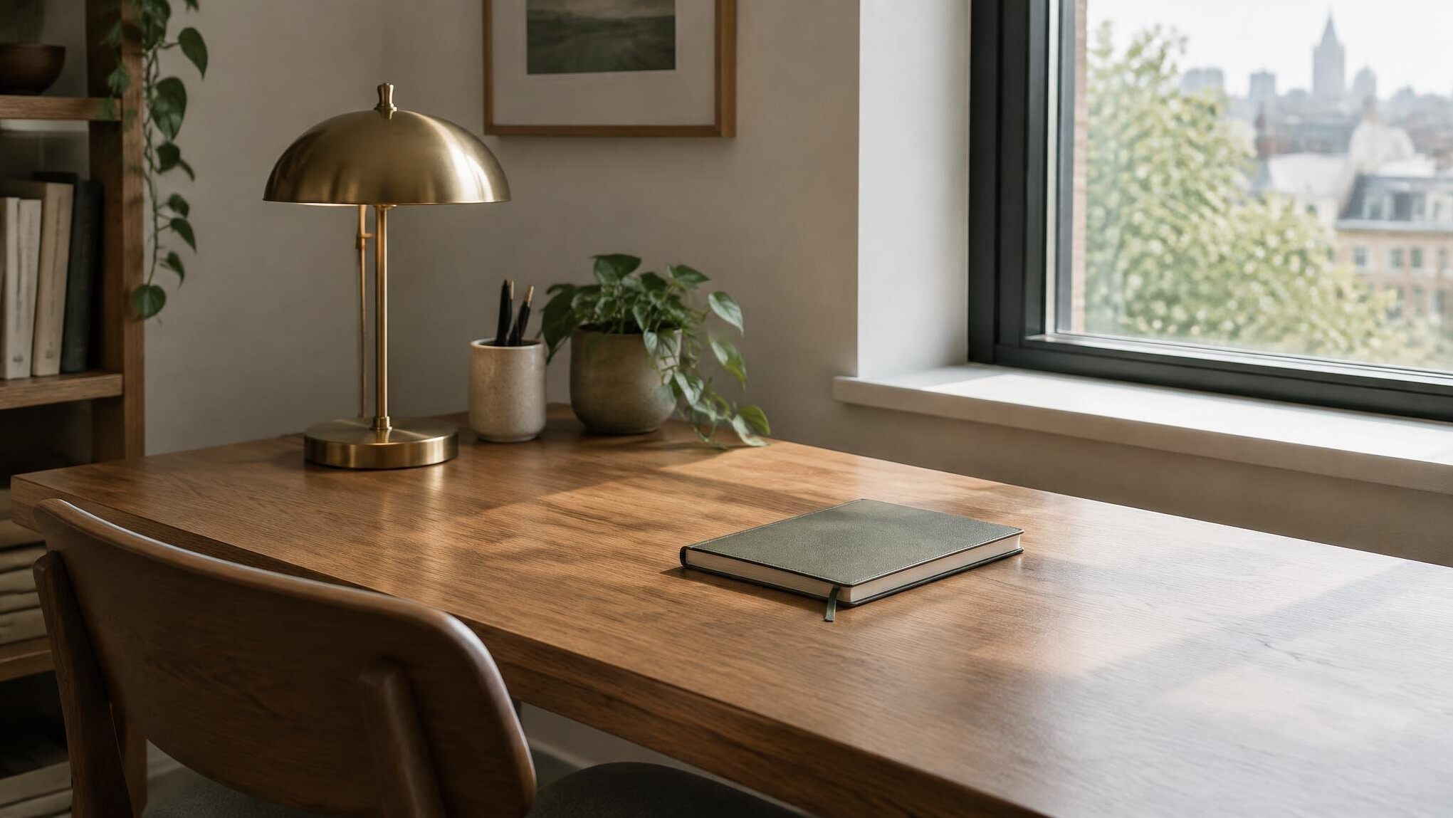 Minimalist quiet desk nook with a lamp and notebook beside a window