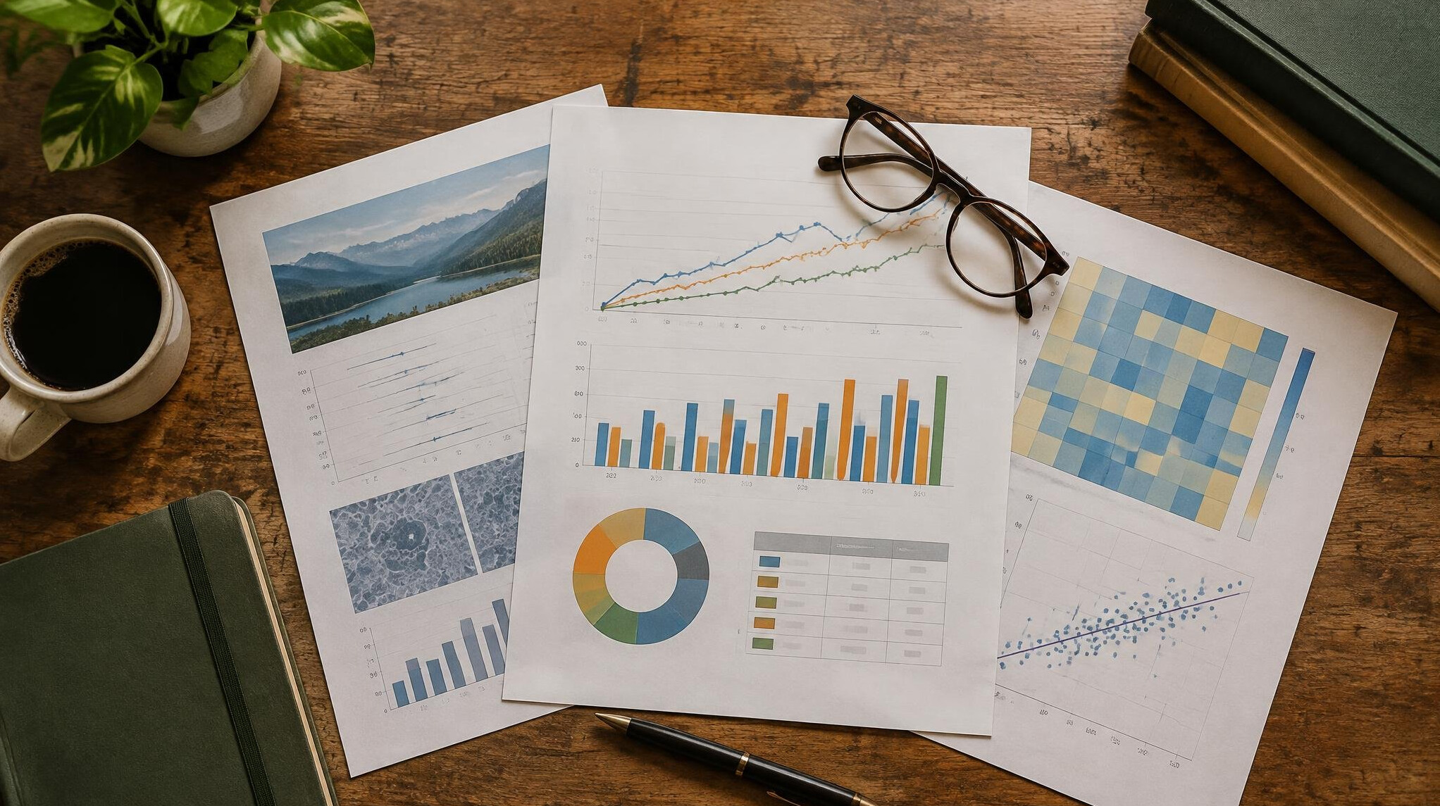 Overhead flat lay of research documents, printed charts and reading glasses on a wooden desk