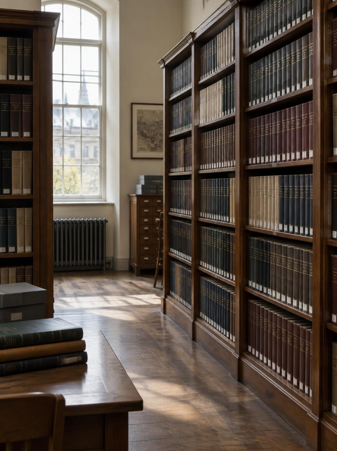 Quiet European research archive with tall wooden shelving and soft light