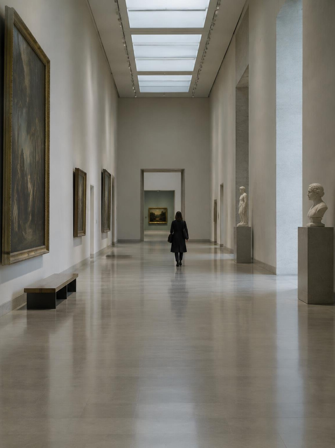 Single anonymous figure walking away through an empty museum corridor