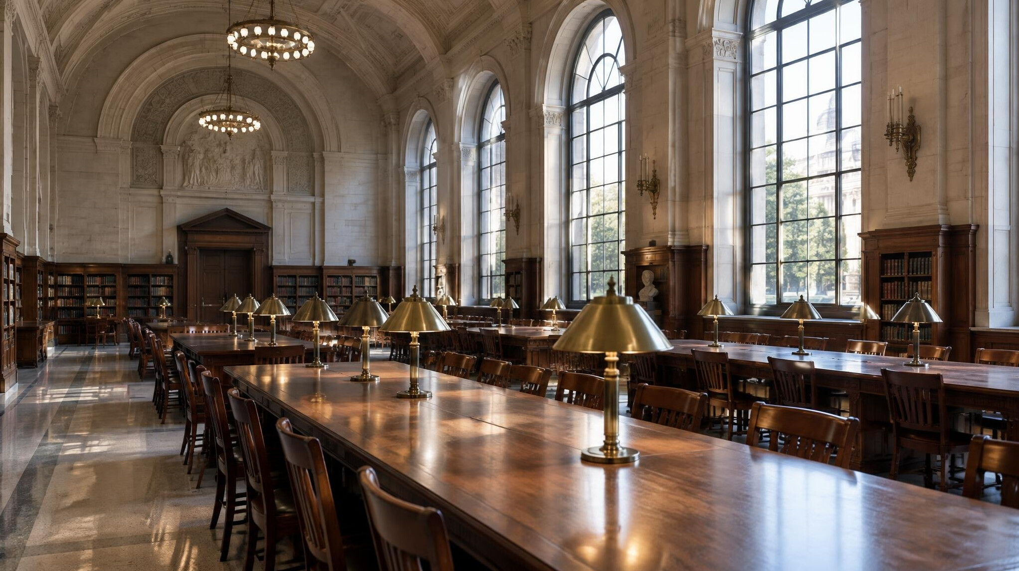 Empty museum-style reading room with long wooden tables and reading lamps
