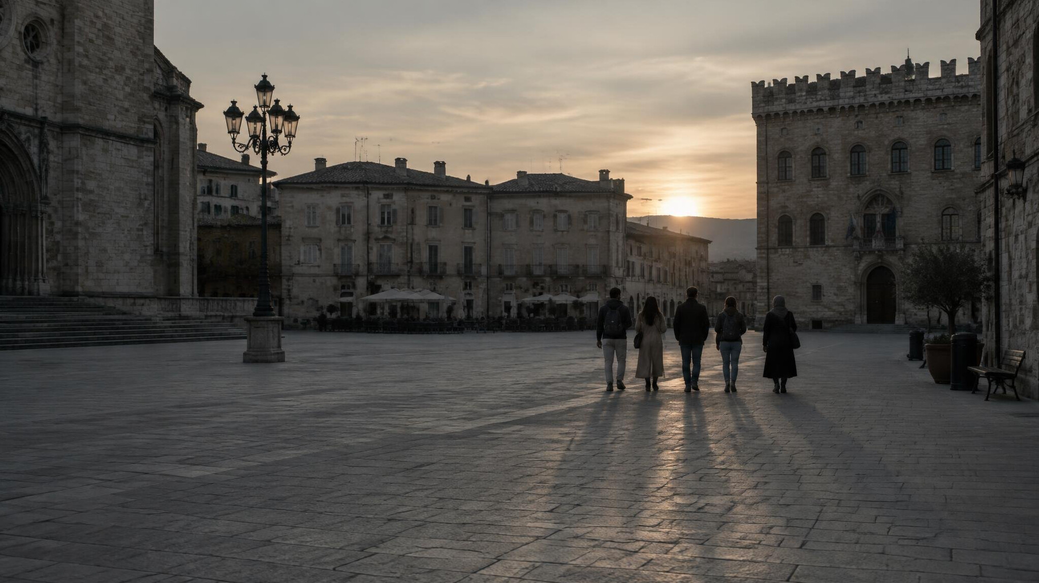 Anonymous group of people seen from behind crossing a quiet plaza at dusk