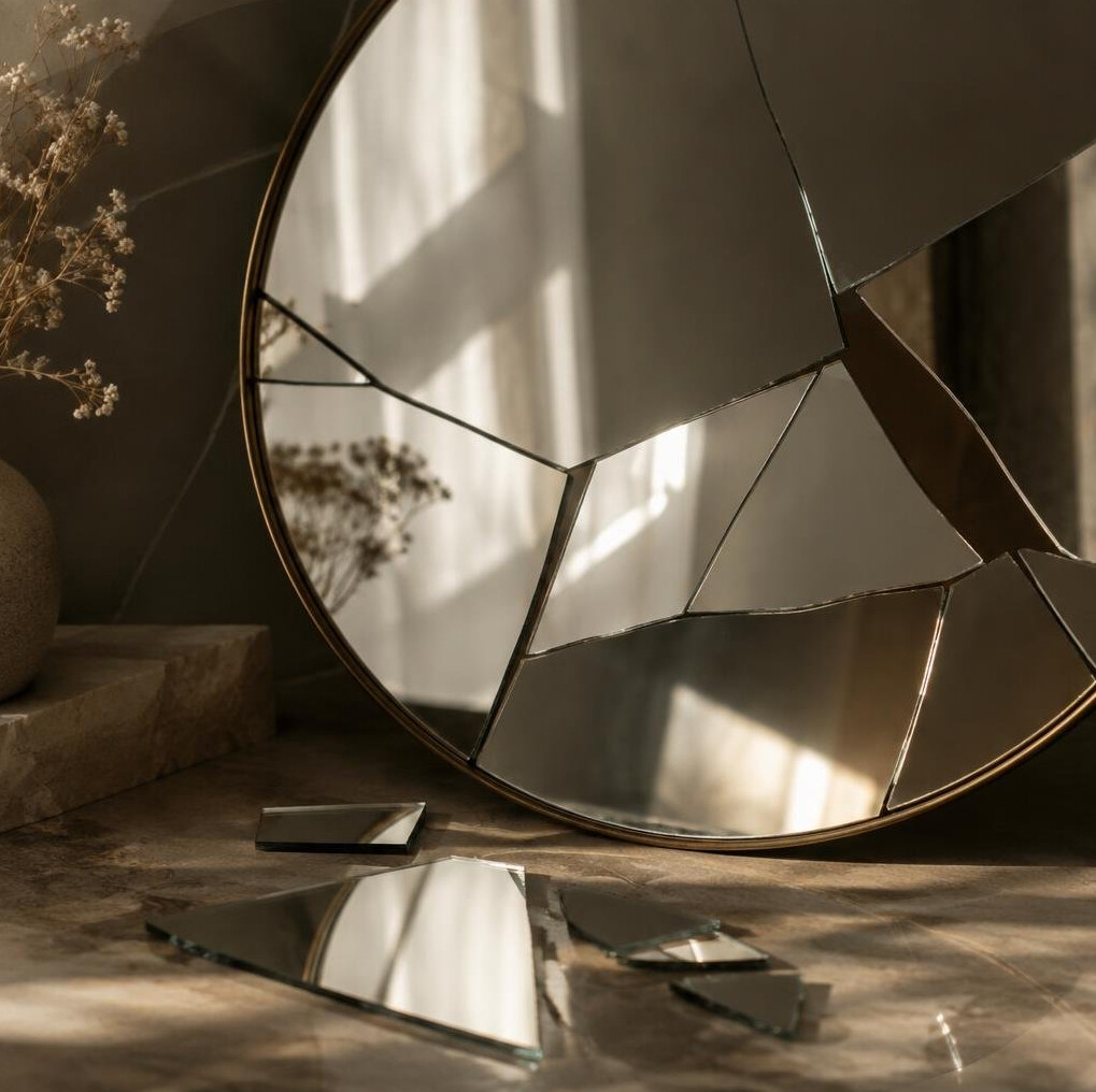 Abstract still life of a fragmented mirror reflecting soft light