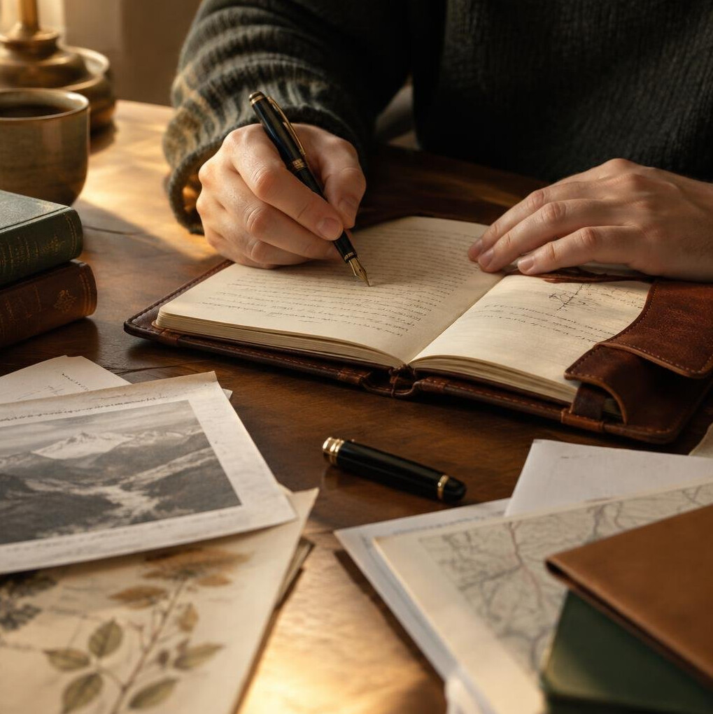 Close-up of hands writing research notes in a leather notebook